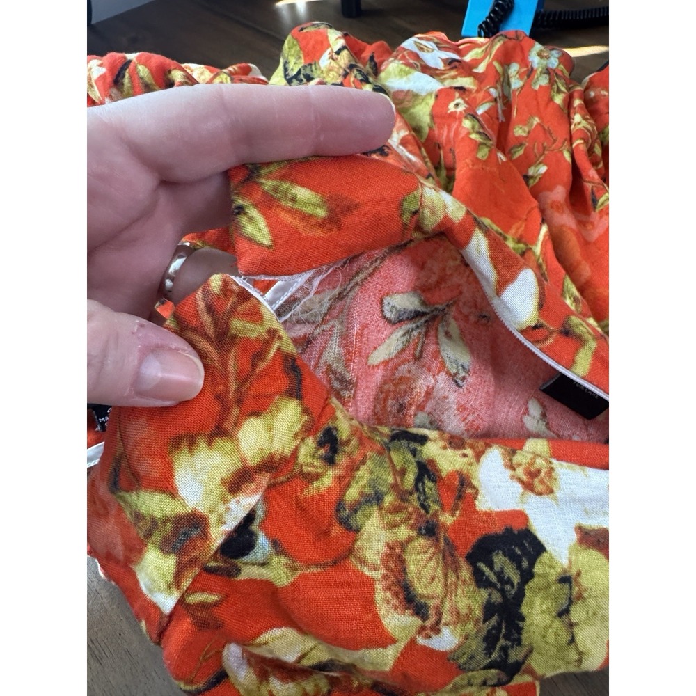 VTG Premise Orange Floral Linen Skirt 4 Pockets Twirl Boho Autumn Fall Colorful - Picture 7 of 12